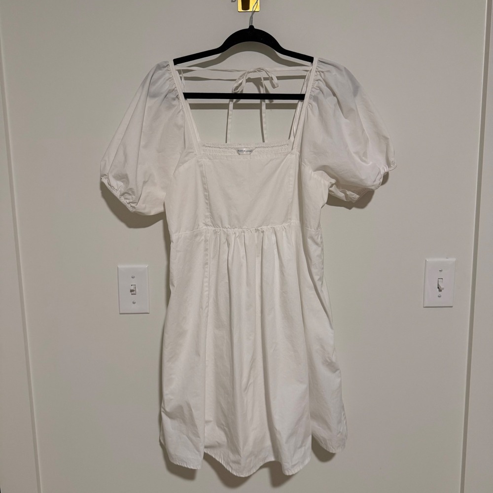 Draper James White Puff Sleeve Smocked Back Tie Mini Dress Womens Size M Pocket